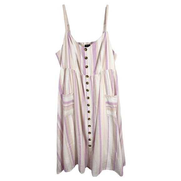 Torrid Plus Size 2X Dress‎ Midi Linen Button Front Dress Pink White Pockets 1289 - Picture 2 of 10